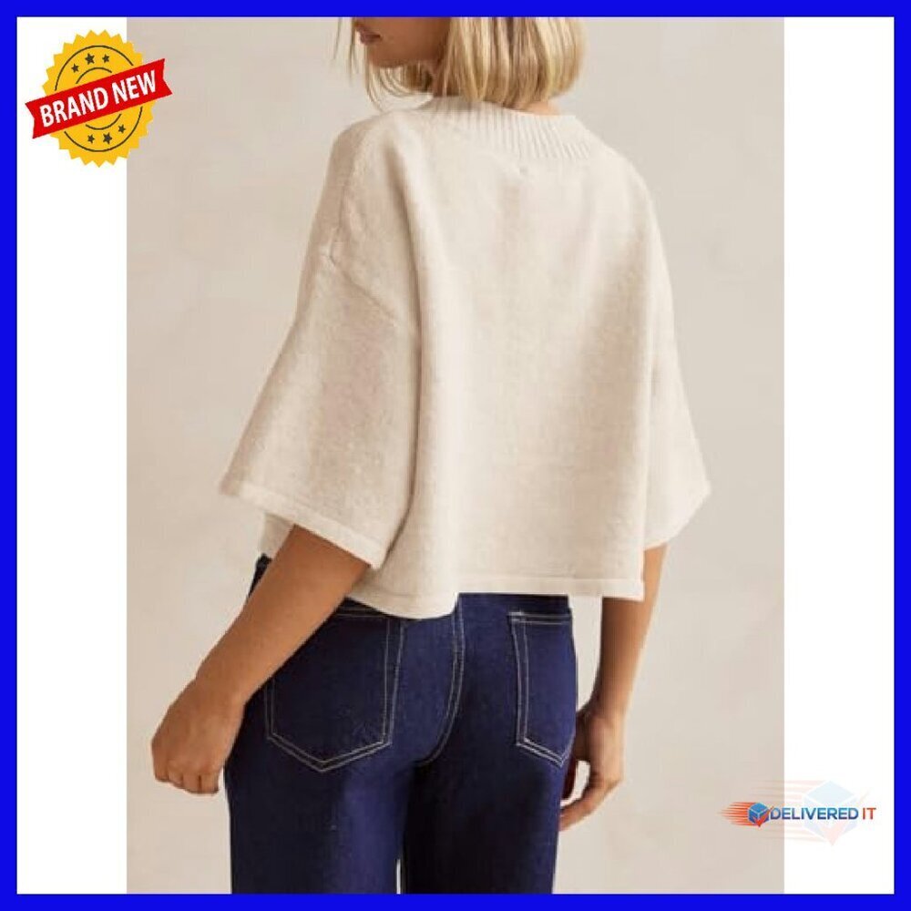 3/4 Sleeve Cropped Cardigan Sweater Button Down Crewneck Knit Top - Picture 6 of 8